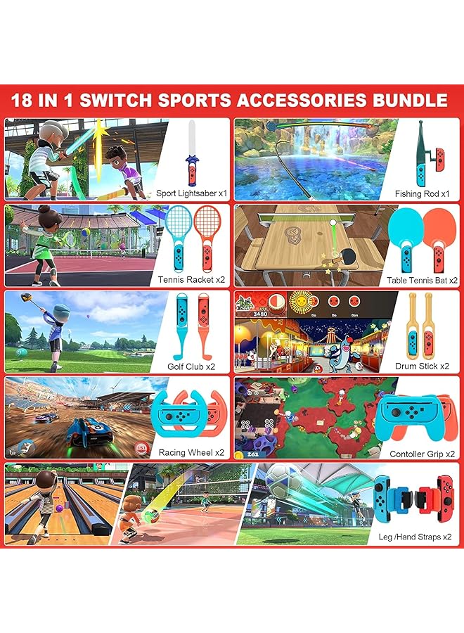 ZONEY Switch Sports Accessories Bundle Set 18 In 1 Family Party Pack Game Accessories Kit For Nintendo Switch/Switch Oled For Mario Golf Super Rush The Legend Of Zelda Mario Tennis Ace  - Image 2