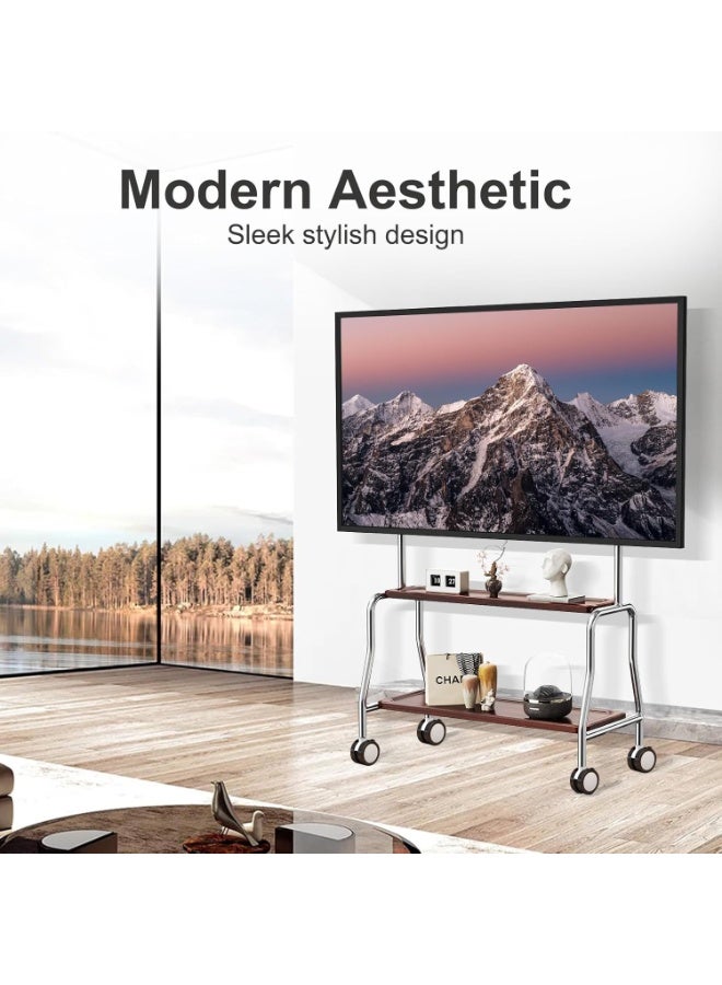 XiuWoo 2-Tier Universal Metal Mobile TV Stand, Wood Moveable TV Cart Easel, Height Adjustable Rolling TV Stand, Portable Floor TV Mounts for 32 to 75in LCD LED OLED 4K Screens with Wheels, Media Storage Rack - Image 5