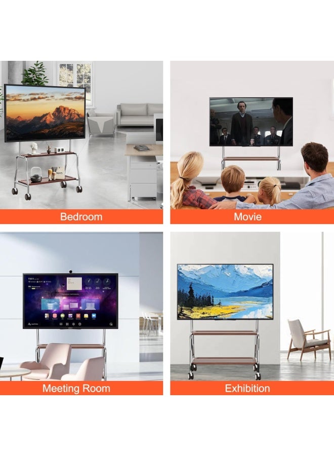 XiuWoo 2-Tier Universal Metal Mobile TV Stand, Wood Moveable TV Cart Easel, Height Adjustable Rolling TV Stand, Portable Floor TV Mounts for 32 to 75in LCD LED OLED 4K Screens with Wheels, Media Storage Rack - Image 2