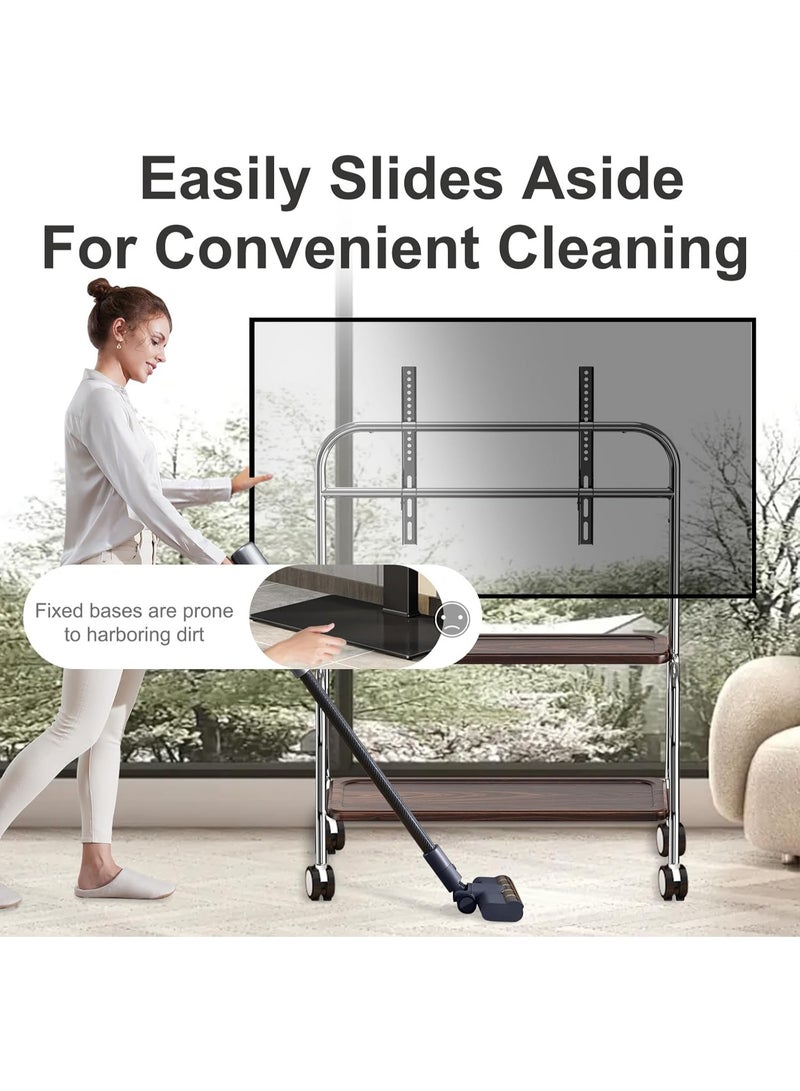 XiuWoo 2-Tier Universal Metal Mobile TV Stand, Wood Moveable TV Cart Easel, Height Adjustable Rolling TV Stand, Portable Floor TV Mounts for 32 to 75in LCD LED OLED 4K Screens with Wheels, Media Storage Rack - Image 4