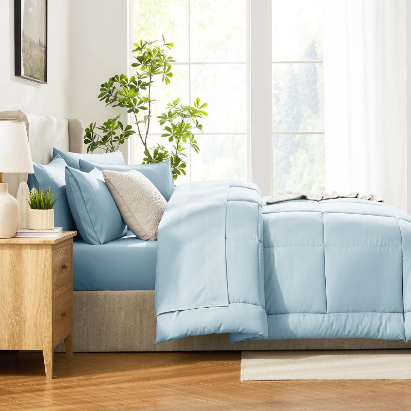 CozyLux Full Size Comforter Sets Light Blue, 7 Pieces Bed in a Bag, Blue Comforter Full Size, All Season Bedding Sets with Stitch Quilted Comforter, Flat Sheet, Fitted Sheet, Pillowcases - Image 4