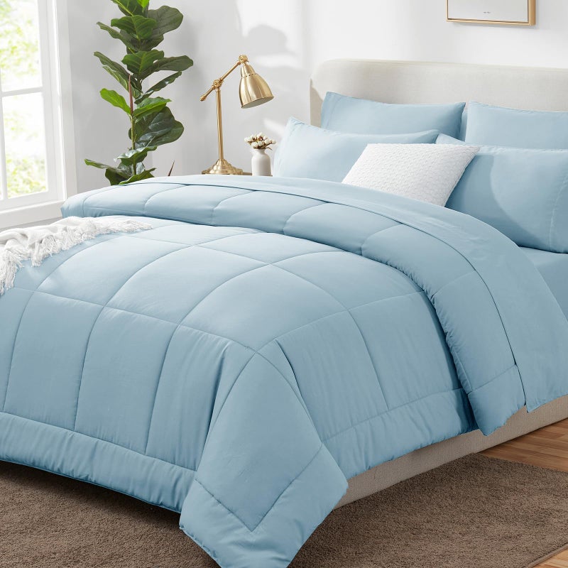 CozyLux Full Size Comforter Sets Light Blue, 7 Pieces Bed in a Bag, Blue Comforter Full Size, All Season Bedding Sets with Stitch Quilted Comforter, Flat Sheet, Fitted Sheet, Pillowcases - Image 1
