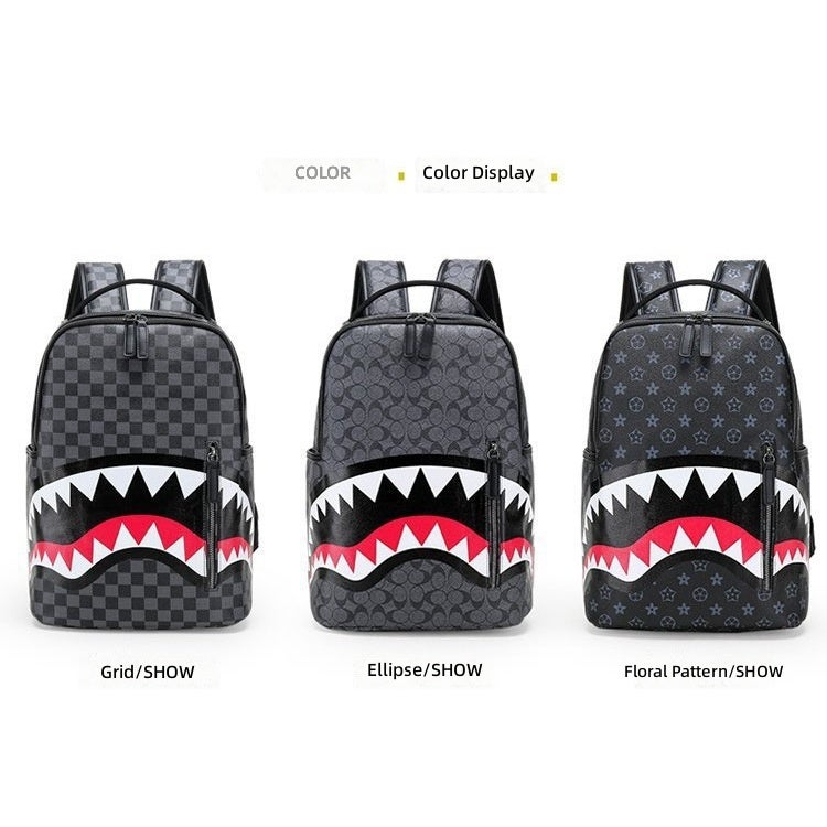 Shark Graffiti Backpack, Synthetic Leather Casual Travel Bag with 12-Inch Laptop Space and Air-Cushion Straps - Image 3