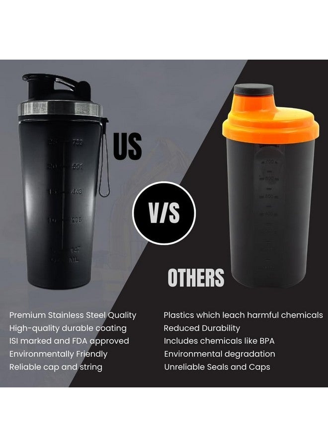 SHIFA CRAFT SHIFA CRAFT Gym Shaker Bottle - Natural Matte Finish Stainless Steel with Black Coating, Food Grade Steel, with Carrying Strip and Mixer Ball Supplements Shakers (800ml)  - Image 4