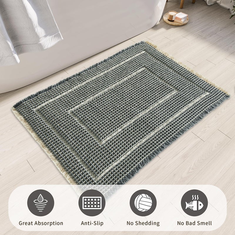 BULULOM Bath Matts for Bathroom Upgraded Waffle Super Absorbent Bath Mat Bathroom Rugs Non Slip Washable  Quick Dry Shower Mats  Ultra Soft Bath Mats for Bathroom Floor Bluish Grey & Yellow 24""*36"" - Image 1