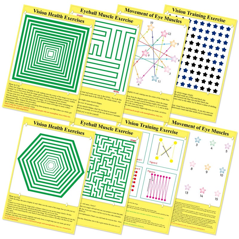 OBUSATT 8 Pack Eye Exercise Chart- Visual Muscle Relaxation Chart Eye Fatigue Relief Eye Training Posters Eyes Strain Vision Therapy 3D Visual Stimulation Wall Art for Home School Classroom Office Desk Signs - Image 1
