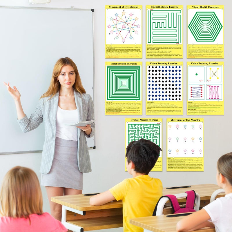 OBUSATT 8 Pack Eye Exercise Chart- Visual Muscle Relaxation Chart Eye Fatigue Relief Eye Training Posters Eyes Strain Vision Therapy 3D Visual Stimulation Wall Art for Home School Classroom Office Desk Signs - Image 5