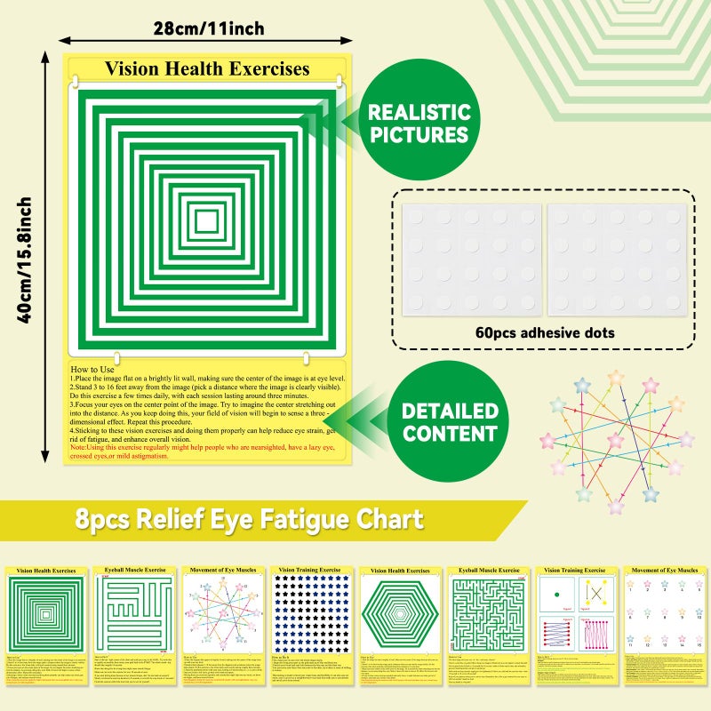 OBUSATT 8 Pack Eye Exercise Chart- Visual Muscle Relaxation Chart Eye Fatigue Relief Eye Training Posters Eyes Strain Vision Therapy 3D Visual Stimulation Wall Art for Home School Classroom Office Desk Signs - Image 2
