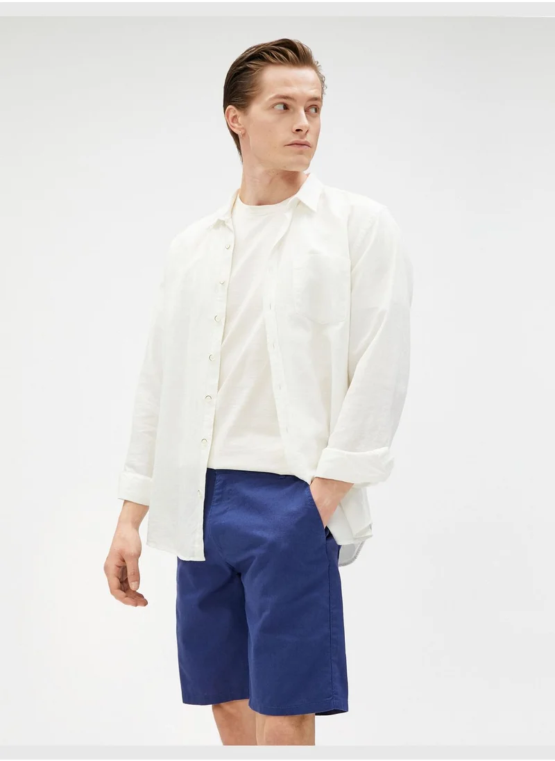 كوتون Bermuda Shorts Linen Blend Pocket Detailed Buttoned