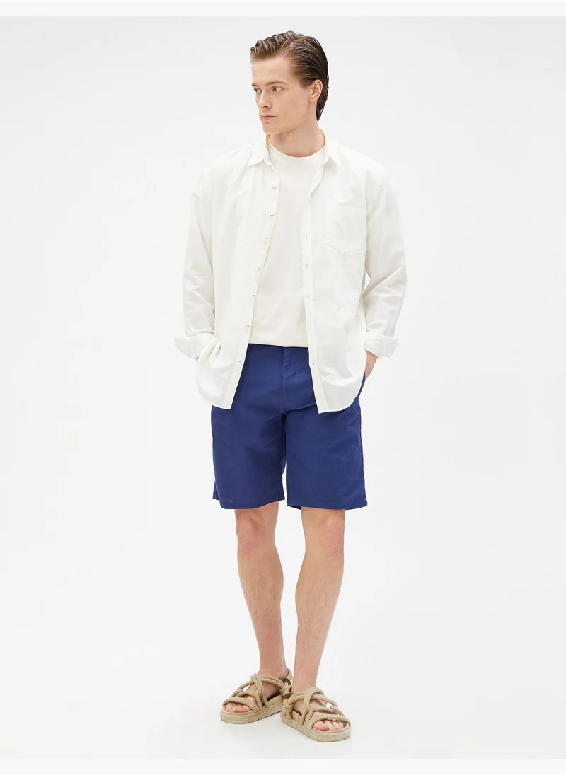 كوتون Bermuda Shorts Linen Blend Pocket Detailed Buttoned