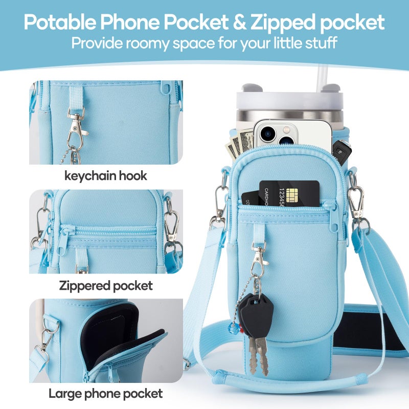linmaya Water Bottle Carrier Bag for Stanley Cup 40/30oz with Phone Holder Pockets,Neoprene Water Bottle Cross-body Bag with Adjustable Shoulder & Hand Strap Stanley Cup Accessories - Image 3