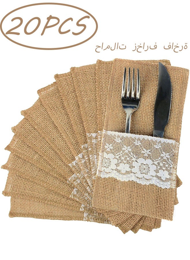 20 Pack Natural Burlap Lace Silverware Holders Rustic Cutlery Pouch Bags Spoon and Knife Holder set for Eid Wedding Party Bridal Shower Dinner Table Setting Decoration 4 x 8.5 Inch - Image 1