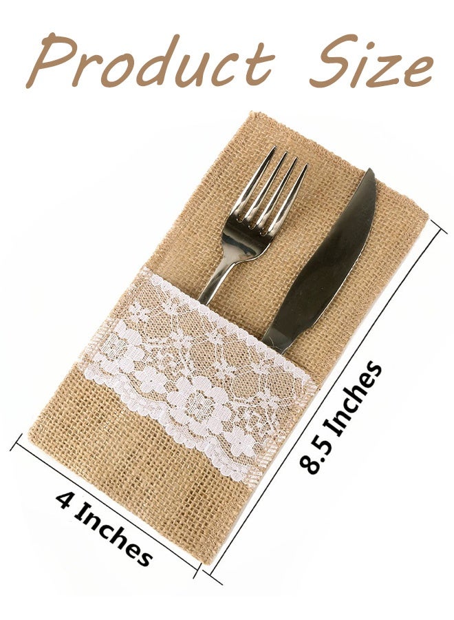 20 Pack Natural Burlap Lace Silverware Holders Rustic Cutlery Pouch Bags Spoon and Knife Holder set for Eid Wedding Party Bridal Shower Dinner Table Setting Decoration 4 x 8.5 Inch - Image 2