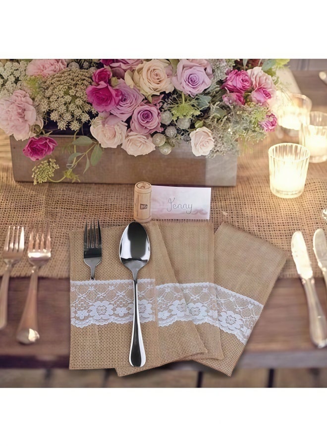 20 Pack Natural Burlap Lace Silverware Holders Rustic Cutlery Pouch Bags Spoon and Knife Holder set for Eid Wedding Party Bridal Shower Dinner Table Setting Decoration 4 x 8.5 Inch - Image 4