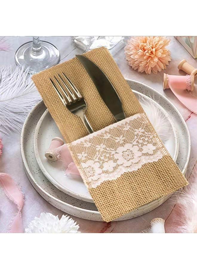 20 Pack Natural Burlap Lace Silverware Holders Rustic Cutlery Pouch Bags Spoon and Knife Holder set for Eid Wedding Party Bridal Shower Dinner Table Setting Decoration 4 x 8.5 Inch - Image 3