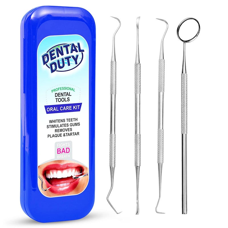Dental Duty Dental Hygiene Kit Calculus Plaque Remover Dental Tool Set Stainless Steel Tarter Scraper Tooth Pick and Mouth Mirror Dentist Instrument Set for Teeth Cleaning Blue