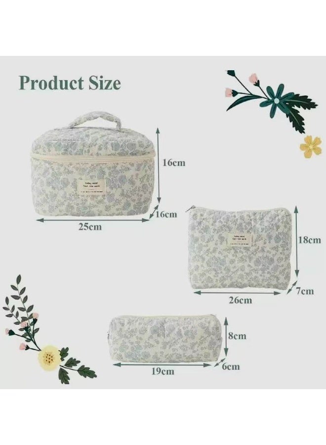 Cosmetic Bag, 3-Piece Cotton Quilted Makeup Bag Set,Cotton Quilted Big Cosmetic Bag, Cute Makeup Bag Pouch Storage Bags，with Zipper, for Home Travel - Image 2