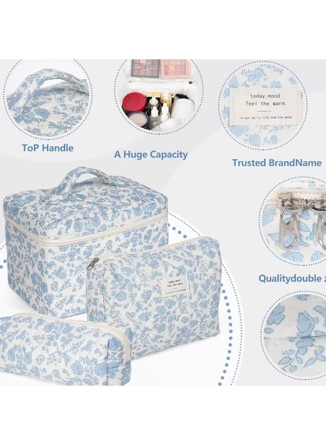 Cosmetic Bag, 3-Piece Cotton Quilted Makeup Bag Set,Cotton Quilted Big Cosmetic Bag, Cute Makeup Bag Pouch Storage Bags，with Zipper, for Home Travel - Image 1