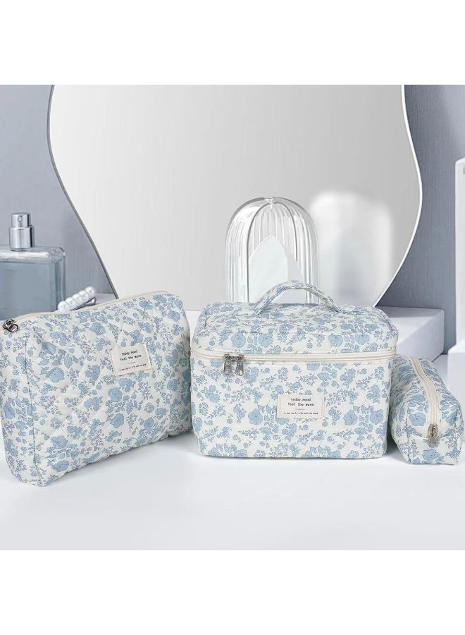 Cosmetic Bag, 3-Piece Cotton Quilted Makeup Bag Set,Cotton Quilted Big Cosmetic Bag, Cute Makeup Bag Pouch Storage Bags，with Zipper, for Home Travel - Image 4