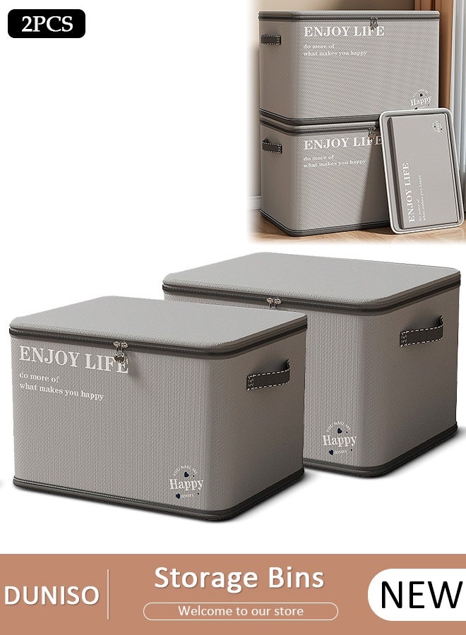 DUNISO 2 Pack Collapsible Rigid Zip Lidded Storage Boxes Foldable Closet Storage Box Washable Closet Storage Organizer Wardrobe Clothes Organizer Cube Storage Bin Closet Organizer Storage Basket with Handle for Clothing Jeans Blankets Toys - Image 1