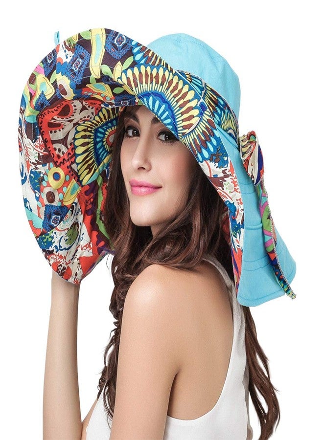 WITERY Sun Hats for Women, Foldable Floopy Reversible Wide Brim Beach Hats Cotton Ladies Packable UPF 50+ Summer Travel Hat Visors Cap with Bohemia Ribbon Blue - Image 1