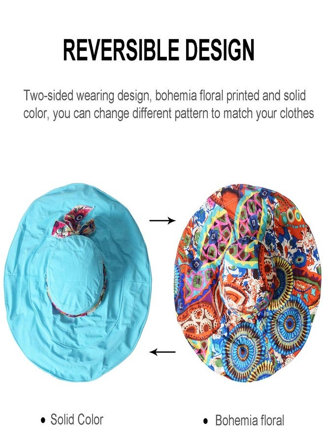 WITERY Sun Hats for Women, Foldable Floopy Reversible Wide Brim Beach Hats Cotton Ladies Packable UPF 50+ Summer Travel Hat Visors Cap with Bohemia Ribbon Blue - Image 3