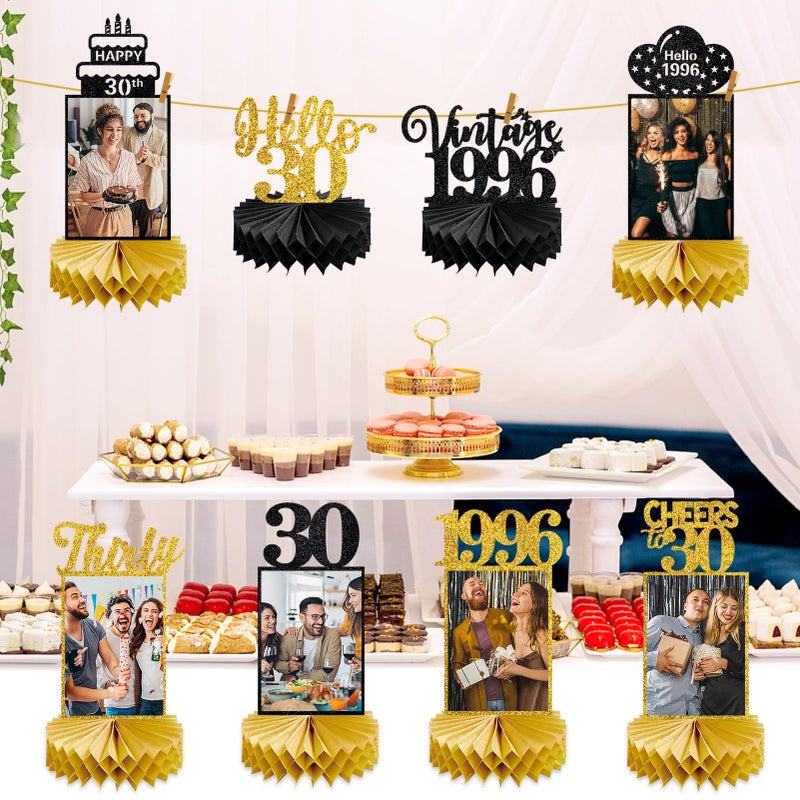 Eucutur 8Pcs 30th Birthday Decorations Honeycomb Centerpieces for Women Men, Black Gold Vintage 1996 30th Bday Photo Table Centerpieces Party Supplies, Glitter Cheers to 30 Year Old Bday Table Topper - Image 3