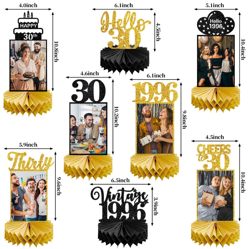 Eucutur 8Pcs 30th Birthday Decorations Honeycomb Centerpieces for Women Men, Black Gold Vintage 1996 30th Bday Photo Table Centerpieces Party Supplies, Glitter Cheers to 30 Year Old Bday Table Topper - Image 2