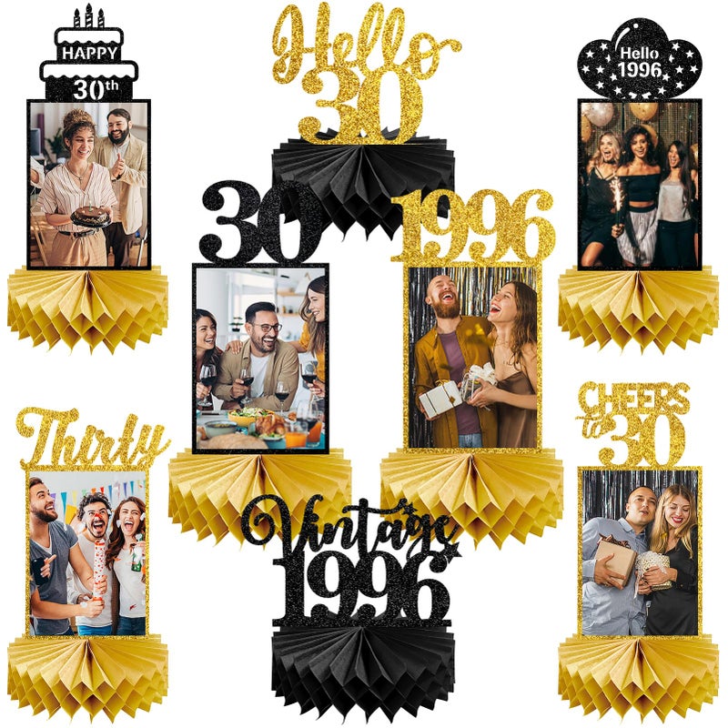 Eucutur 8Pcs 30th Birthday Decorations Honeycomb Centerpieces for Women Men, Black Gold Vintage 1996 30th Bday Photo Table Centerpieces Party Supplies, Glitter Cheers to 30 Year Old Bday Table Topper - Image 1