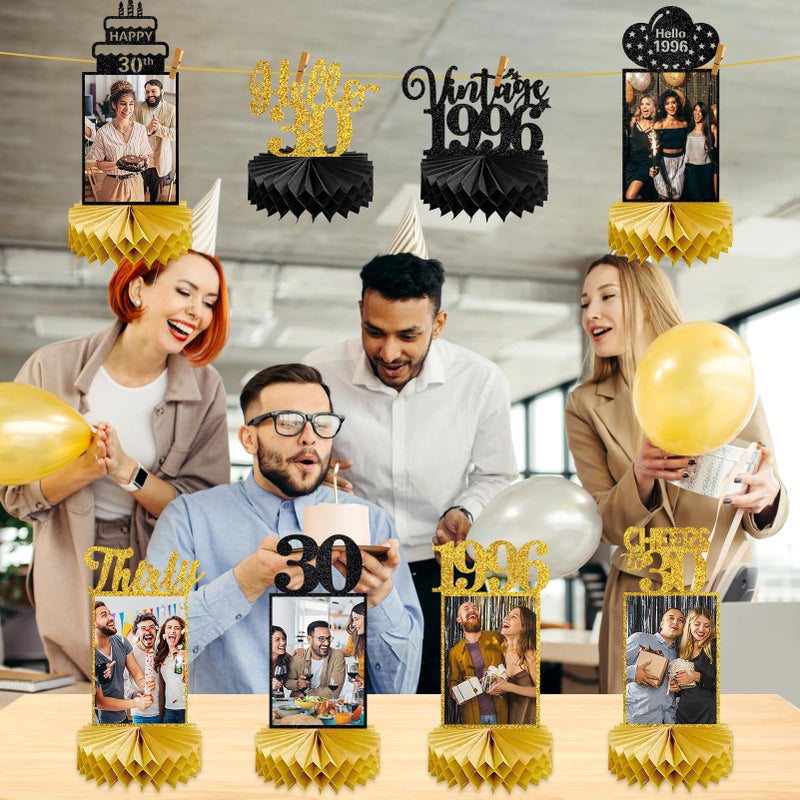 Eucutur 8Pcs 30th Birthday Decorations Honeycomb Centerpieces for Women Men, Black Gold Vintage 1996 30th Bday Photo Table Centerpieces Party Supplies, Glitter Cheers to 30 Year Old Bday Table Topper - Image 4