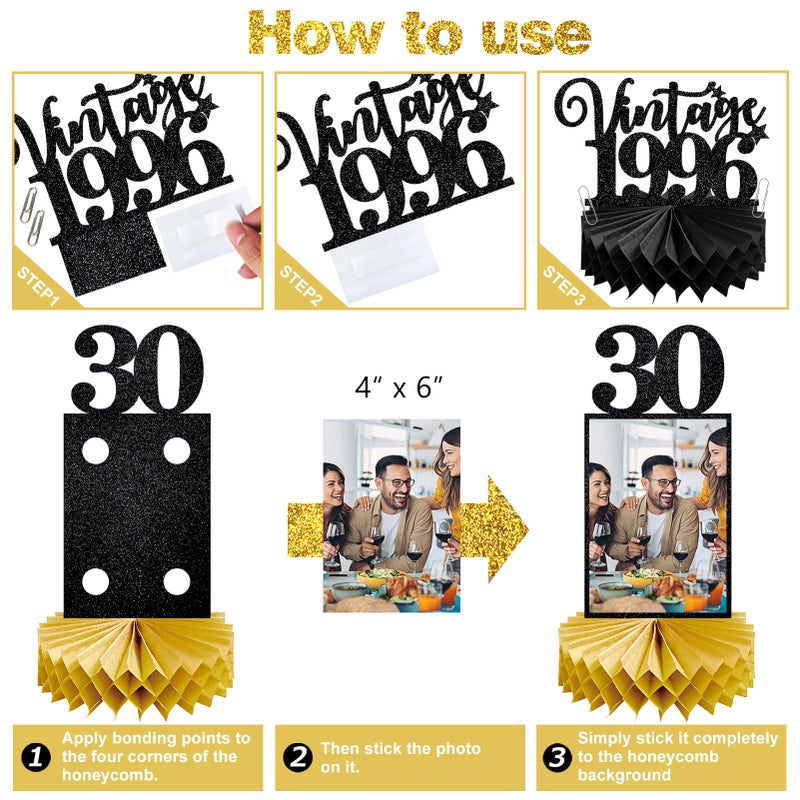 Eucutur 8Pcs 30th Birthday Decorations Honeycomb Centerpieces for Women Men, Black Gold Vintage 1996 30th Bday Photo Table Centerpieces Party Supplies, Glitter Cheers to 30 Year Old Bday Table Topper - Image 5