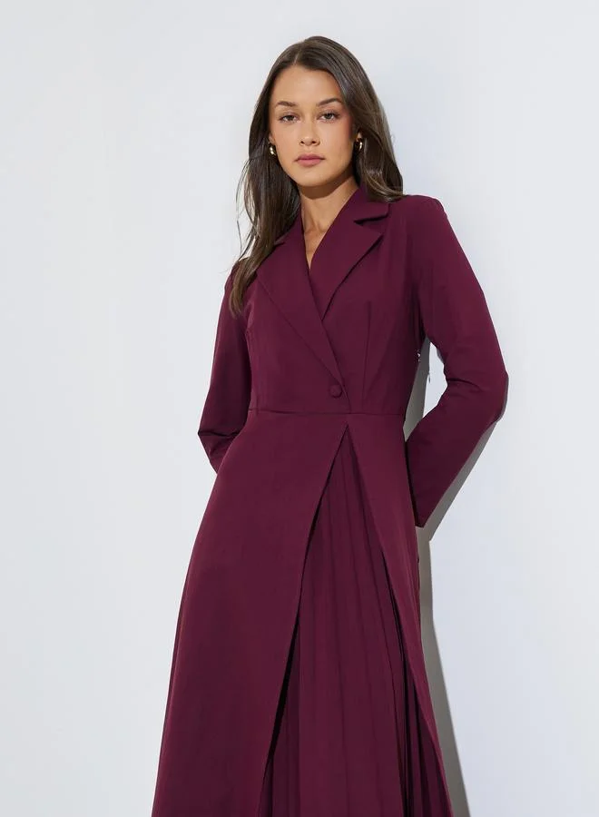 Styli Burgundy Solid Collared Blazer Maxi Dress with Pleated Details
