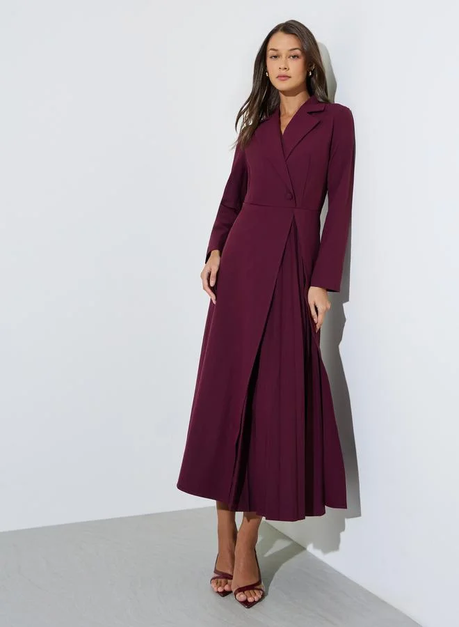 Styli Burgundy Solid Collared Blazer Maxi Dress with Pleated Details