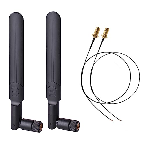 HIGHFINE 2 x 6dBi 2.4GHz 5GHz Dual Band WiFi RP-SMA Male Antenna+2 x 35CM RP-SMA IPEX MHF4 Pigtail Cable for M.2 NGFF WiFi WLAN Card - Image 1