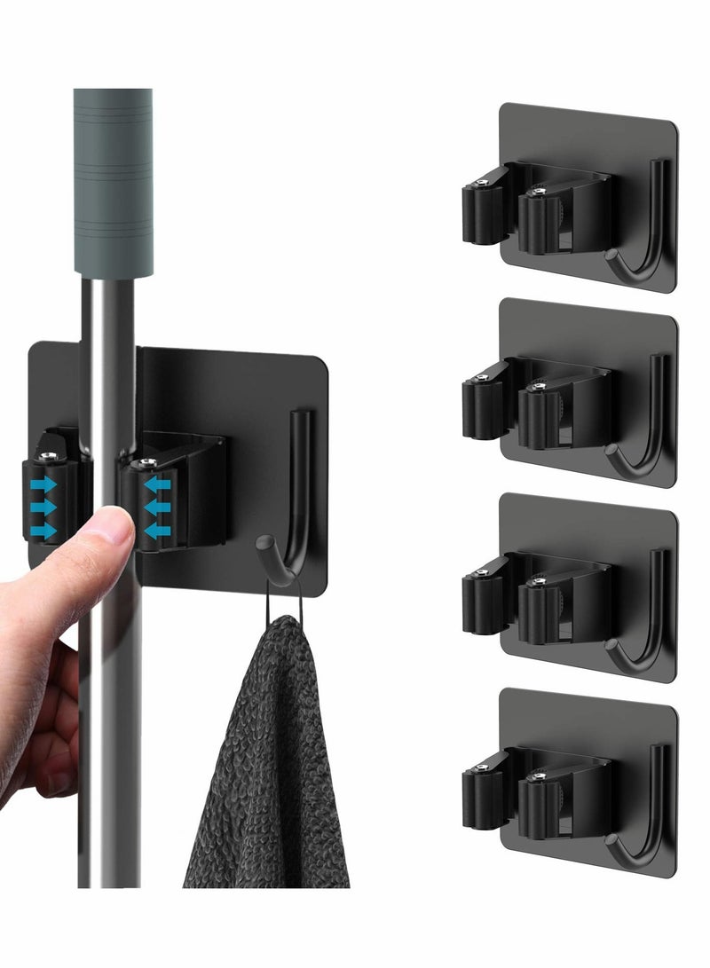 SOLARAE Mop Broom Holder, No Drilling Self-Adhesive Wall Mounted Storage Rack with Hook, Stainless Steel Multifunctional Hook for Bathroom Kitchen Garage Garden Tool (Black, 4 Pcs) - Image 1