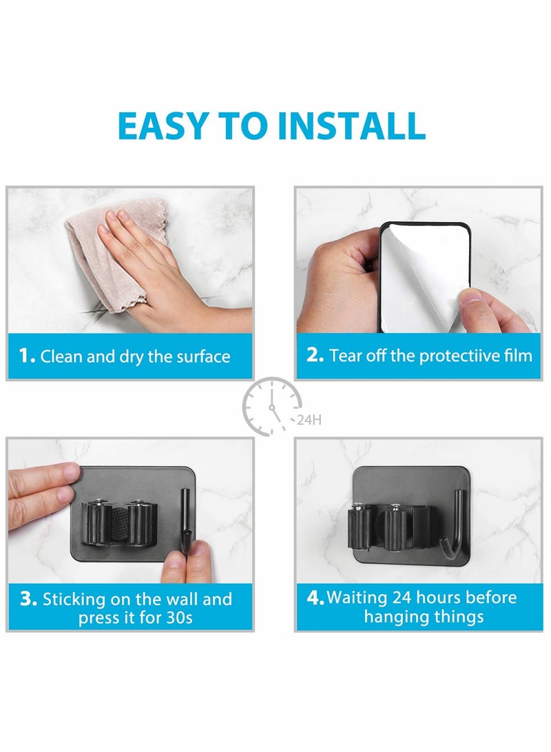 SOLARAE Mop Broom Holder, No Drilling Self-Adhesive Wall Mounted Storage Rack with Hook, Stainless Steel Multifunctional Hook for Bathroom Kitchen Garage Garden Tool (Black, 4 Pcs) - Image 4