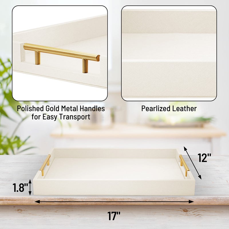 ATZYmolin 17" x 12" Wood Serving Tray with Gold Polished Metal Handles, Home Decorative Wooden Rectangle Ottoman Leather Decor Platter Bathroom Vanity Tray for All Occasions White - Image 2