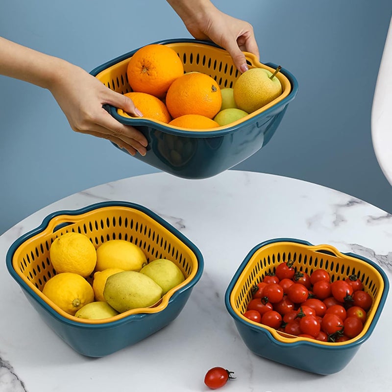 Wolpin Multifunctional Set of 2 Pcs Washing Fruits Vegetables Draining Basket Strainer Bowl Double Layer Drain Baskets Plastic DrainerColander Storage - Image 5