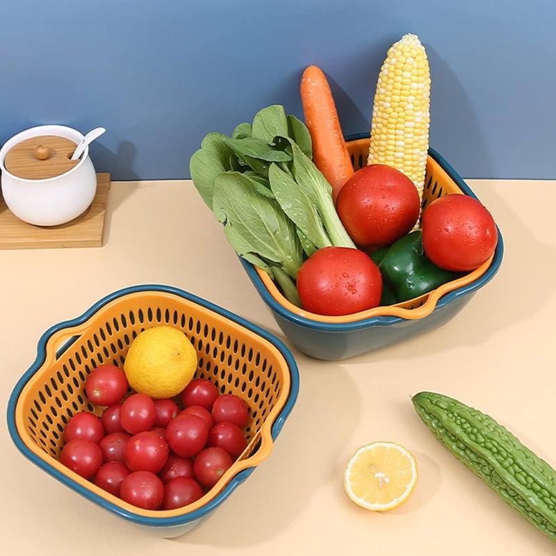 Wolpin Multifunctional Set of 2 Pcs Washing Fruits Vegetables Draining Basket Strainer Bowl Double Layer Drain Baskets Plastic DrainerColander Storage - Image 2