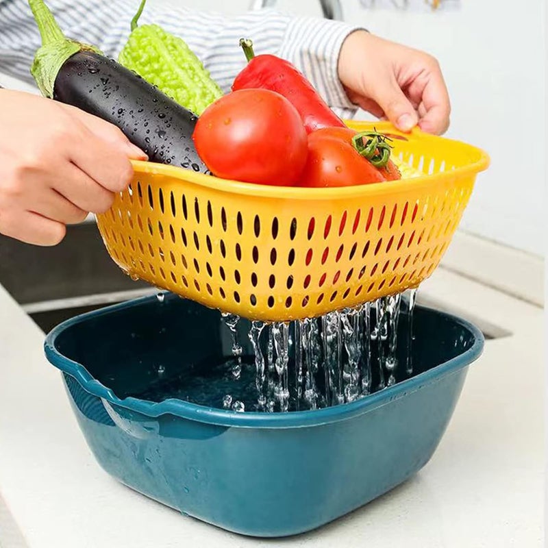 Wolpin Multifunctional Set of 2 Pcs Washing Fruits Vegetables Draining Basket Strainer Bowl Double Layer Drain Baskets Plastic DrainerColander Storage - Image 3