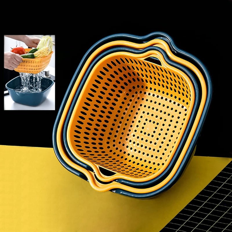 Wolpin Multifunctional Set of 2 Pcs Washing Fruits Vegetables Draining Basket Strainer Bowl Double Layer Drain Baskets Plastic DrainerColander Storage - Image 1