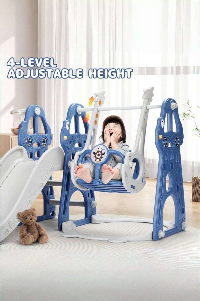 متجر الفرح مجموعة أرجوحة ومنزلق 4 في 1 للأطفال الصغار من عمر 1 إلى 6 سنوات، ملعب داخلي للأطفال، مجموعة أرجوحة للأطفال مع منزلق، ومتسلق، وطوق كرة سلة، ومنزلق طويل للأولاد والبنات، باللون الأزرق - Image 2