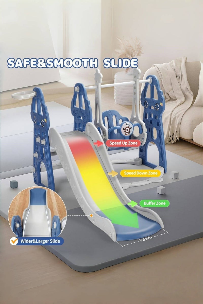 متجر الفرح مجموعة أرجوحة ومنزلق 4 في 1 للأطفال الصغار من عمر 1 إلى 6 سنوات، ملعب داخلي للأطفال، مجموعة أرجوحة للأطفال مع منزلق، ومتسلق، وطوق كرة سلة، ومنزلق طويل للأولاد والبنات، باللون الأزرق - Image 3