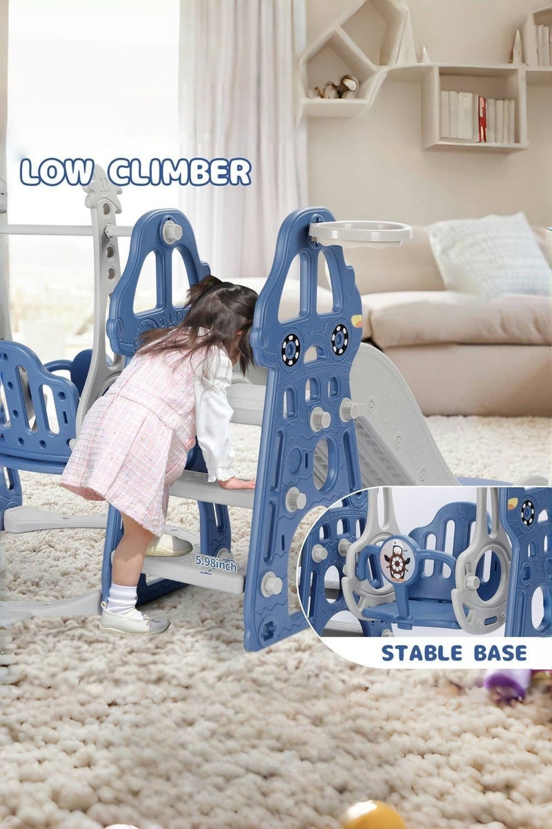 متجر الفرح مجموعة أرجوحة ومنزلق 4 في 1 للأطفال الصغار من عمر 1 إلى 6 سنوات، ملعب داخلي للأطفال، مجموعة أرجوحة للأطفال مع منزلق، ومتسلق، وطوق كرة سلة، ومنزلق طويل للأولاد والبنات، باللون الأزرق - Image 4