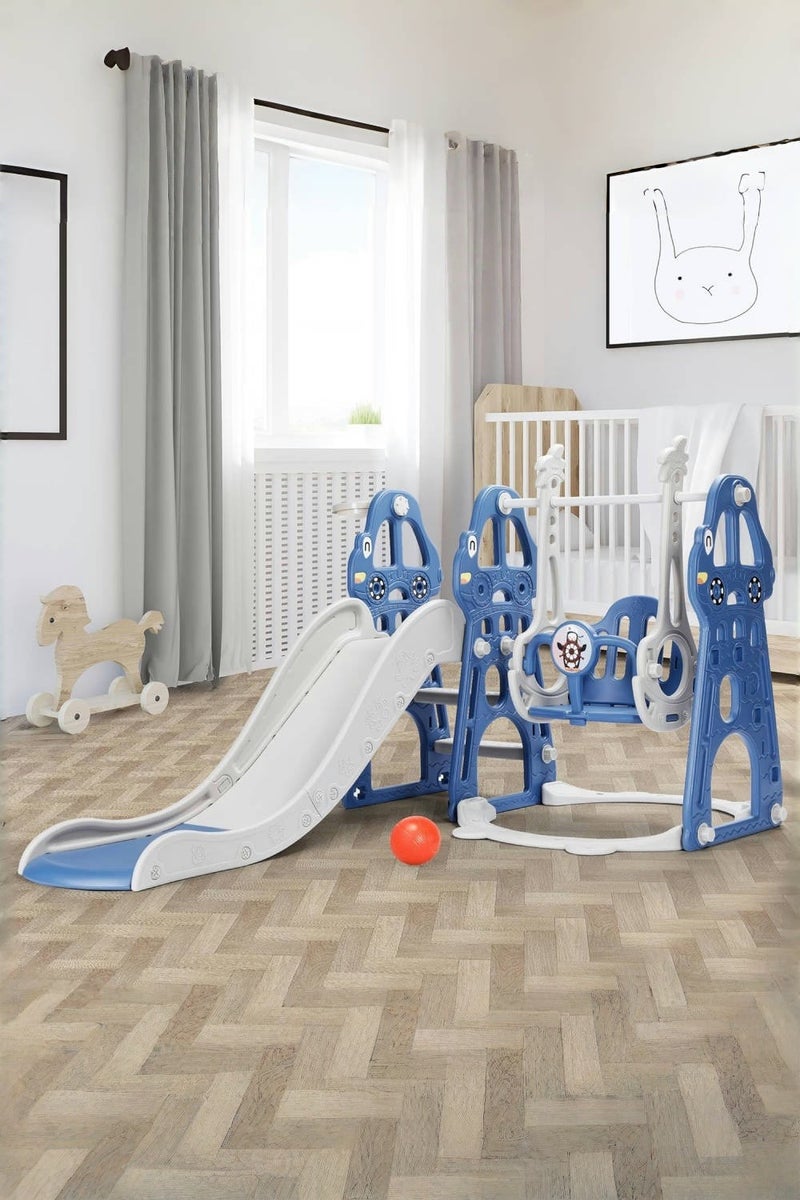 متجر الفرح مجموعة أرجوحة ومنزلق 4 في 1 للأطفال الصغار من عمر 1 إلى 6 سنوات، ملعب داخلي للأطفال، مجموعة أرجوحة للأطفال مع منزلق، ومتسلق، وطوق كرة سلة، ومنزلق طويل للأولاد والبنات، باللون الأزرق - Image 5