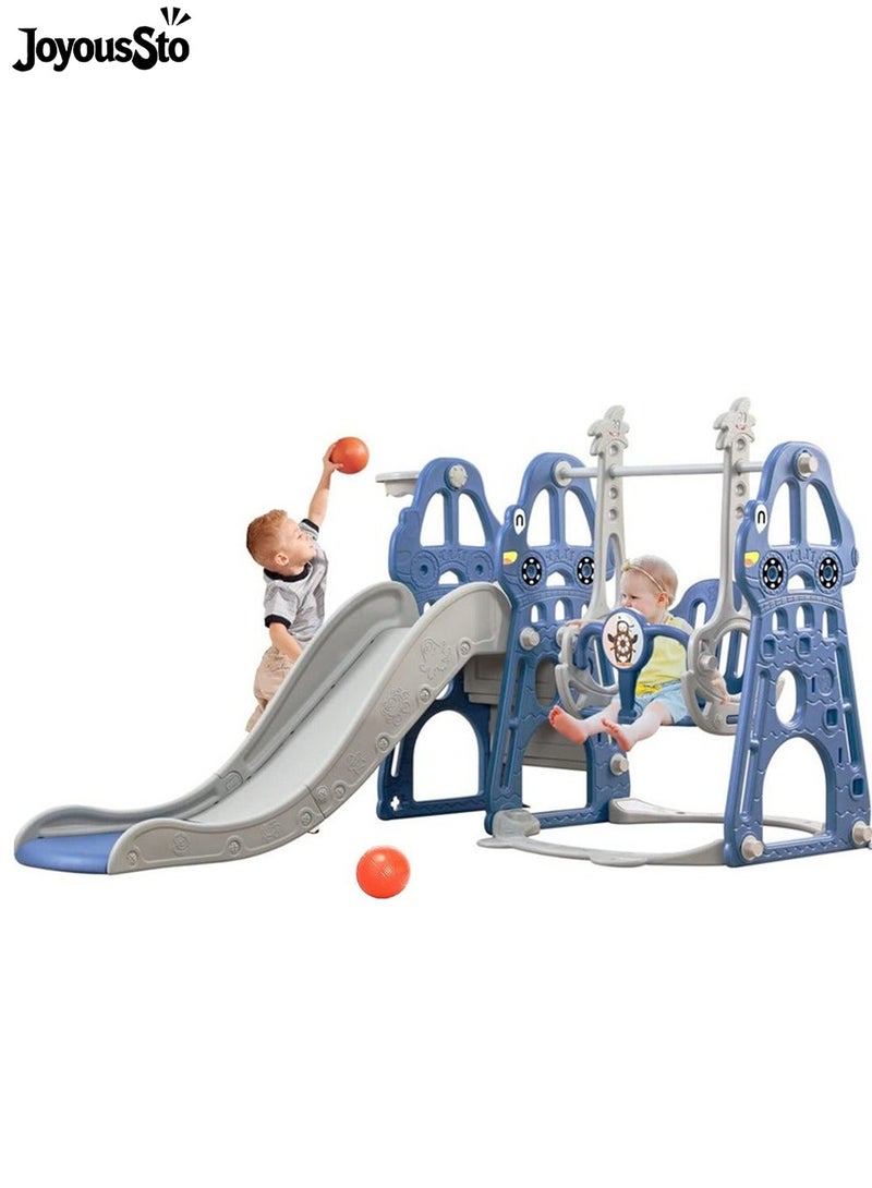 متجر الفرح مجموعة أرجوحة ومنزلق 4 في 1 للأطفال الصغار من عمر 1 إلى 6 سنوات، ملعب داخلي للأطفال، مجموعة أرجوحة للأطفال مع منزلق، ومتسلق، وطوق كرة سلة، ومنزلق طويل للأولاد والبنات، باللون الأزرق - Image 1