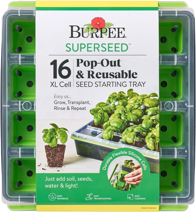 Burpee SuperSeed Seed Starting Tray 16 XL Cell Reusable Dishwasher Safe for Starting Vegetable Seeds Flower Seeds Herb Seeds Indoor Grow Kit for DeepRooted Seedlings Green