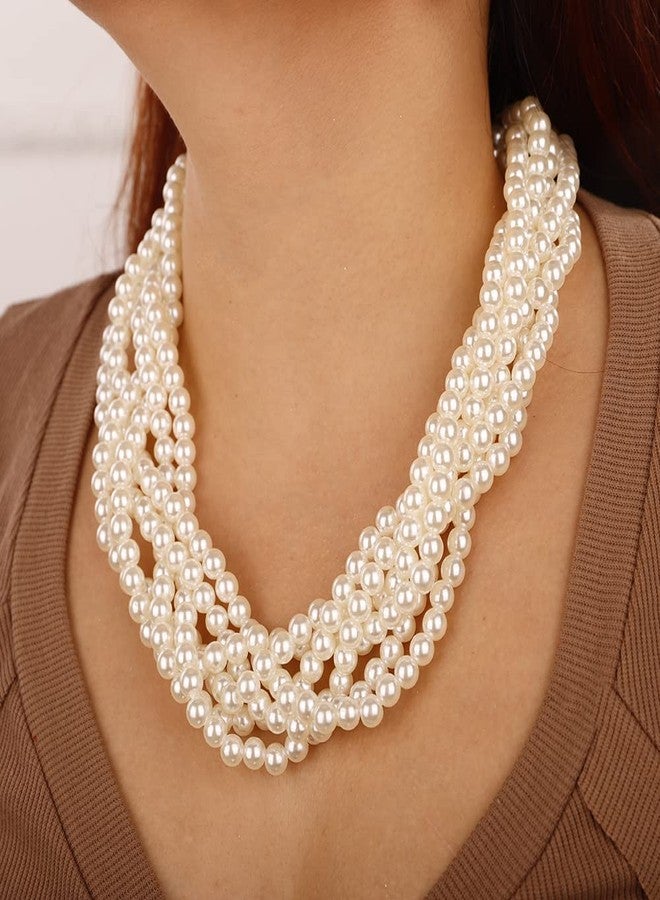 ويوپار قلادة مميزة من اللؤلؤ الأبيض المقلد من Wiwpar، قلادة متعددة الخيوط ملتوية بتصميم صدرية، طقم مجوهرات أزياء مكون من قلادة وأقراط من اللؤلؤ، مجوهرات أزياء من عشرينيات القرن الماضي، مناسبة لحفلات الزفاف (أبيض) - Image 5