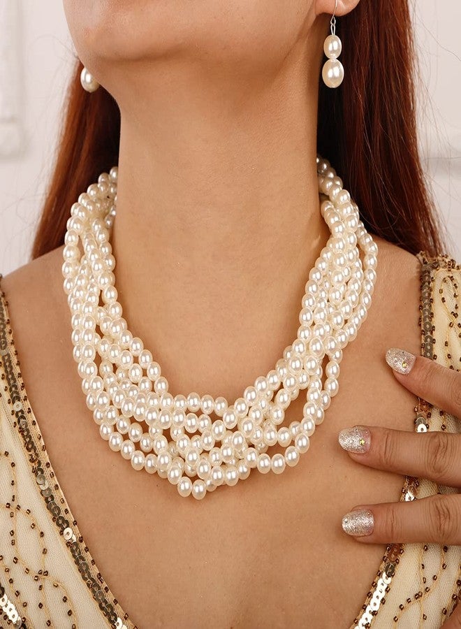 ويوپار قلادة مميزة من اللؤلؤ الأبيض المقلد من Wiwpar، قلادة متعددة الخيوط ملتوية بتصميم صدرية، طقم مجوهرات أزياء مكون من قلادة وأقراط من اللؤلؤ، مجوهرات أزياء من عشرينيات القرن الماضي، مناسبة لحفلات الزفاف (أبيض) - Image 4