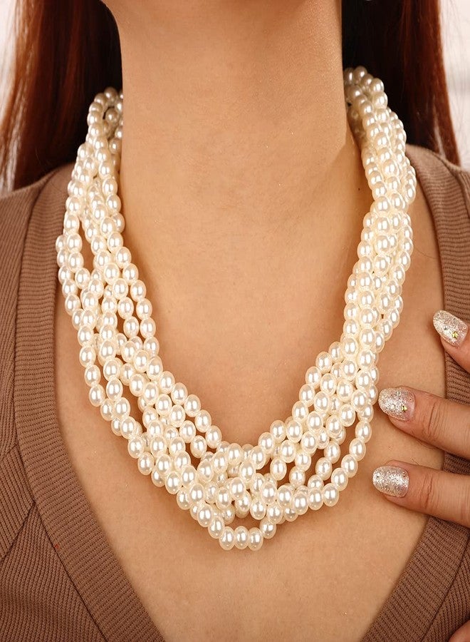 ويوپار قلادة مميزة من اللؤلؤ الأبيض المقلد من Wiwpar، قلادة متعددة الخيوط ملتوية بتصميم صدرية، طقم مجوهرات أزياء مكون من قلادة وأقراط من اللؤلؤ، مجوهرات أزياء من عشرينيات القرن الماضي، مناسبة لحفلات الزفاف (أبيض) - Image 3